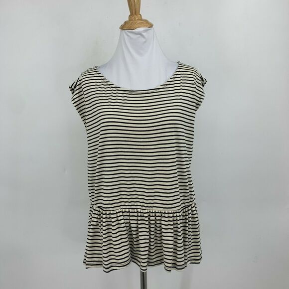 Painted Threads Peplum Striped Top Womens Size L Ivory Black Cap Sleeves Stretch - Picture 2 of 10